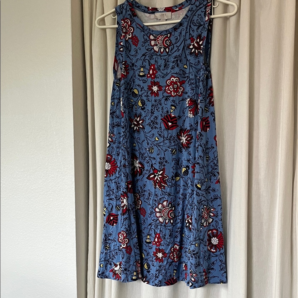 LOFT Blue Floral Dress with Red Accents